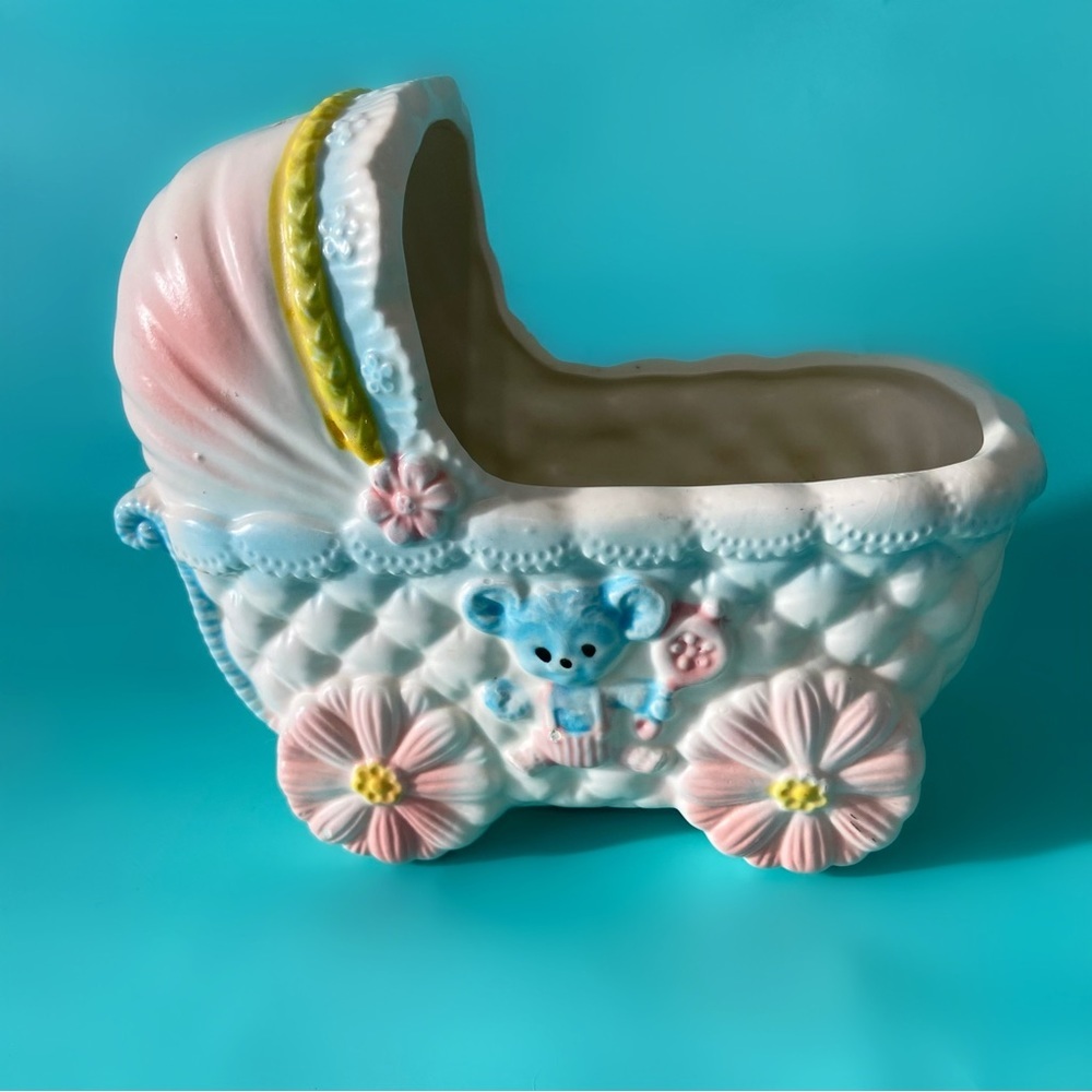 Vintage 50s pastel baby ceramic planter bassinet stroller figurine home decor